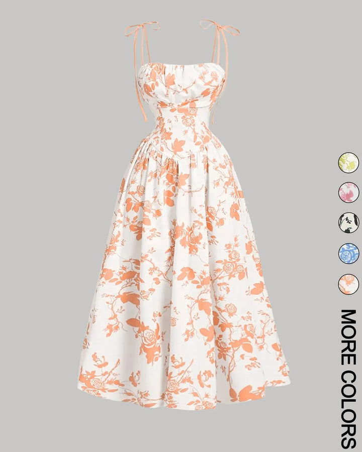 Midi Cami-jurk met Bloemenprint en Strikbandjes, Geschikt voor Grotere Maten