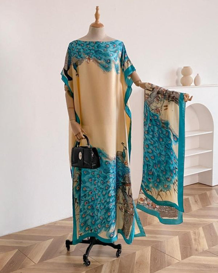 Dames sjaal en omslagdoek set met pauwenprint – elegante strandbedekking