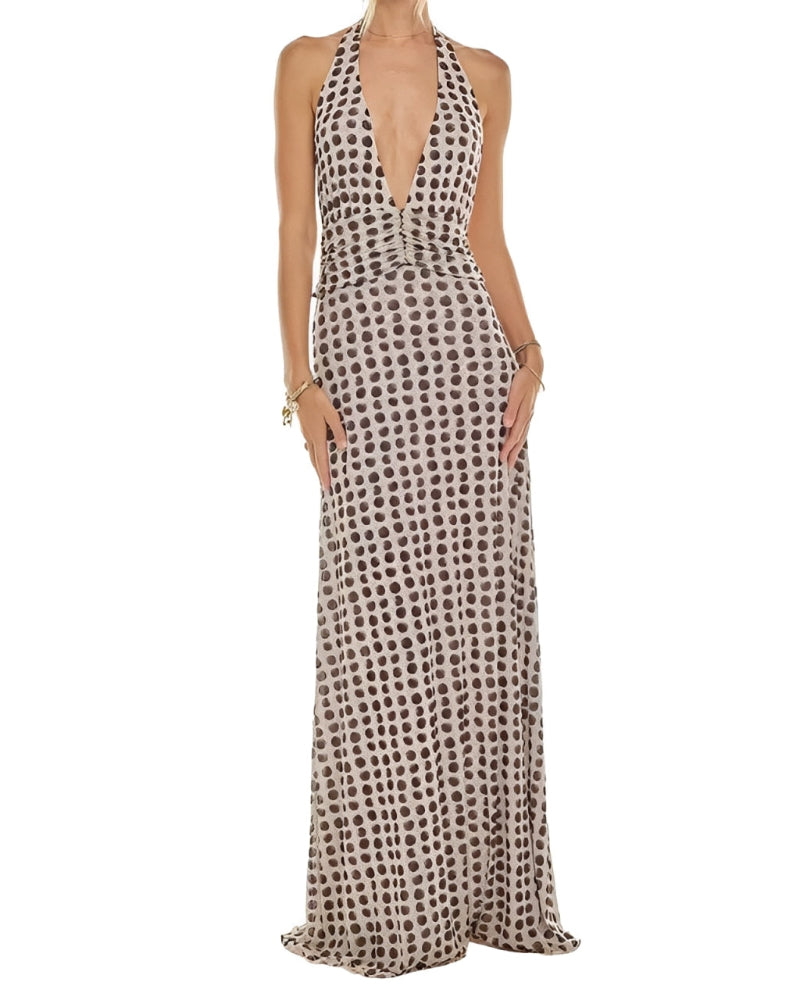 Maxi-jurk voor dames met bloemenprint, stippen en halternek zonder rug