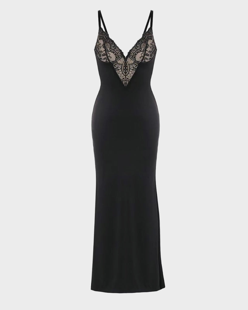 Maxi Jurk met Diepe V-Hals, Kanten Details, Hoge Split en Ingebouwde Corrigerende Shapewear