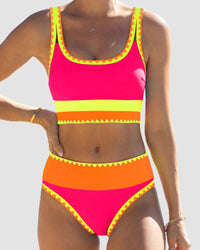 Kleurencontrast Patchwork Nylon Sportieve 3-delige Bikinisets