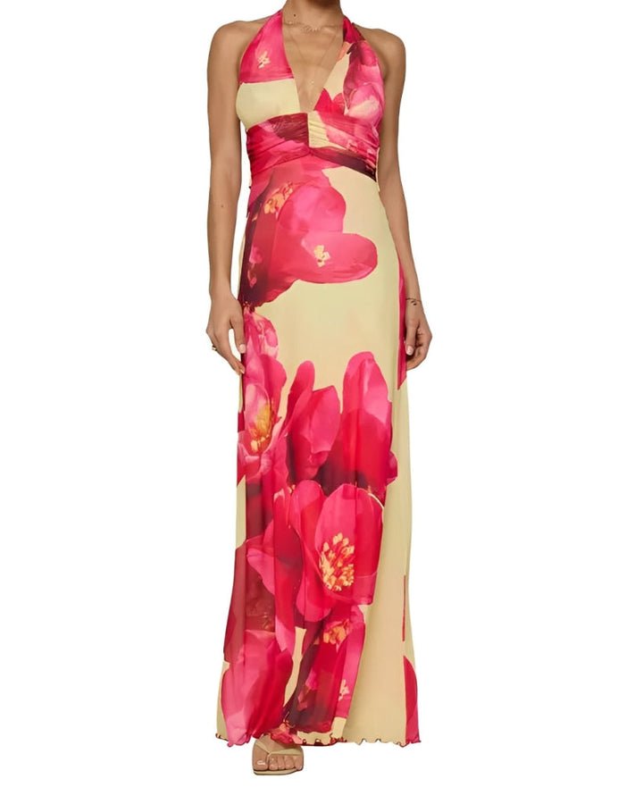 Maxi-jurk voor dames met bloemenprint, stippen en halternek zonder rug