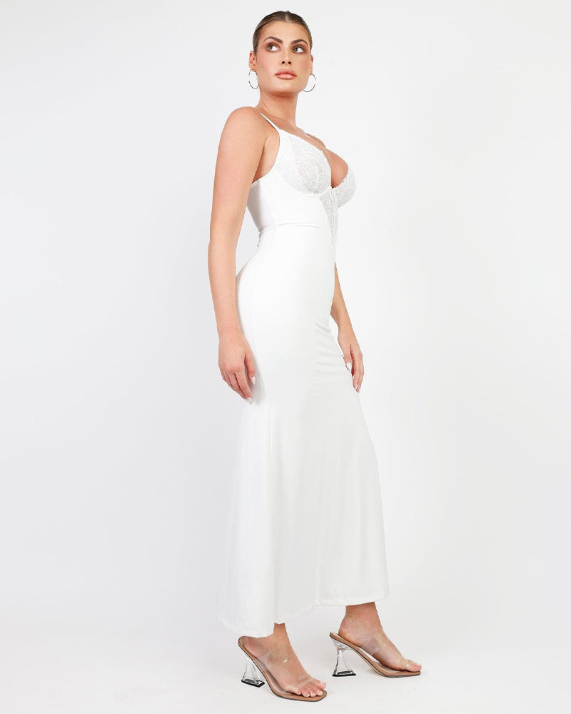 Maxi Jurk met Diepe V-Hals, Kanten Details, Hoge Split en Ingebouwde Corrigerende Shapewear