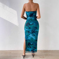 Mesh Bloemen Geplooide Sexy Strakke Gespleten Strapless Tube-jurk
