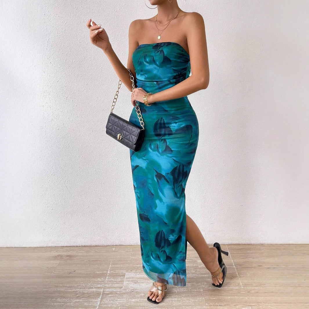 Mesh Bloemen Geplooide Sexy Strakke Gespleten Strapless Tube-jurk