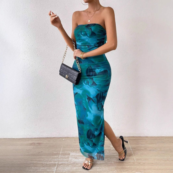 Mesh Bloemen Geplooide Sexy Strakke Gespleten Strapless Tube-jurk