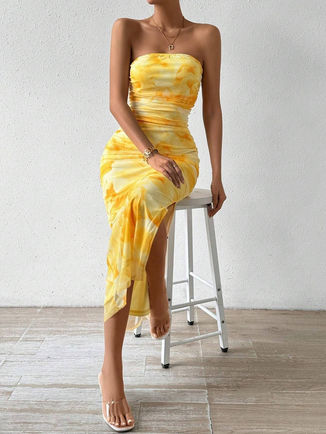 Mesh Bloemen Geplooide Sexy Strakke Gespleten Strapless Tube-jurk