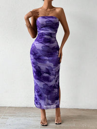 Mesh Bloemen Geplooide Sexy Strakke Gespleten Strapless Tube-jurk
