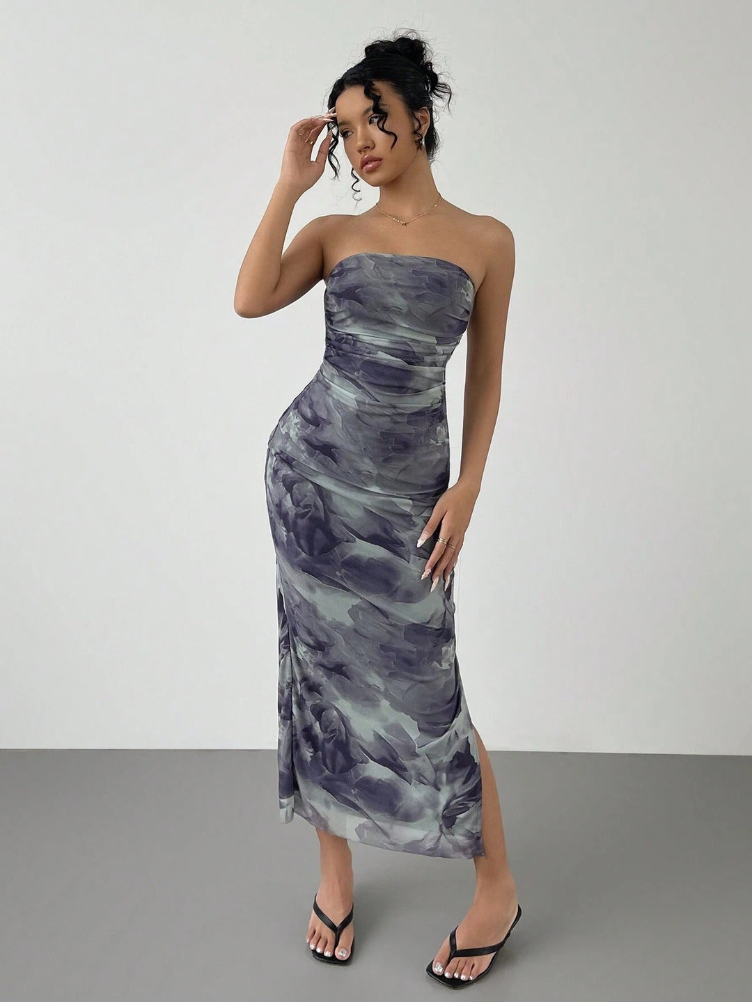 Mesh Bloemen Geplooide Sexy Strakke Gespleten Strapless Tube-jurk