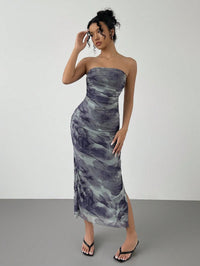 Mesh Bloemen Geplooide Sexy Strakke Gespleten Strapless Tube-jurk