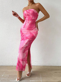 Mesh Bloemen Geplooide Sexy Strakke Gespleten Strapless Tube-jurk
