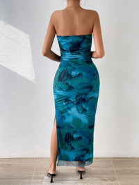 Mesh Bloemen Geplooide Sexy Strakke Gespleten Strapless Tube-jurk