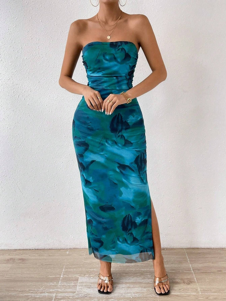 Mesh Bloemen Geplooide Sexy Strakke Gespleten Strapless Tube-jurk