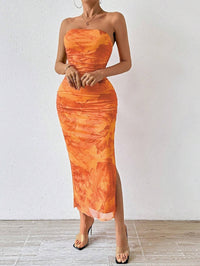 Mesh Bloemen Geplooide Sexy Strakke Gespleten Strapless Tube-jurk