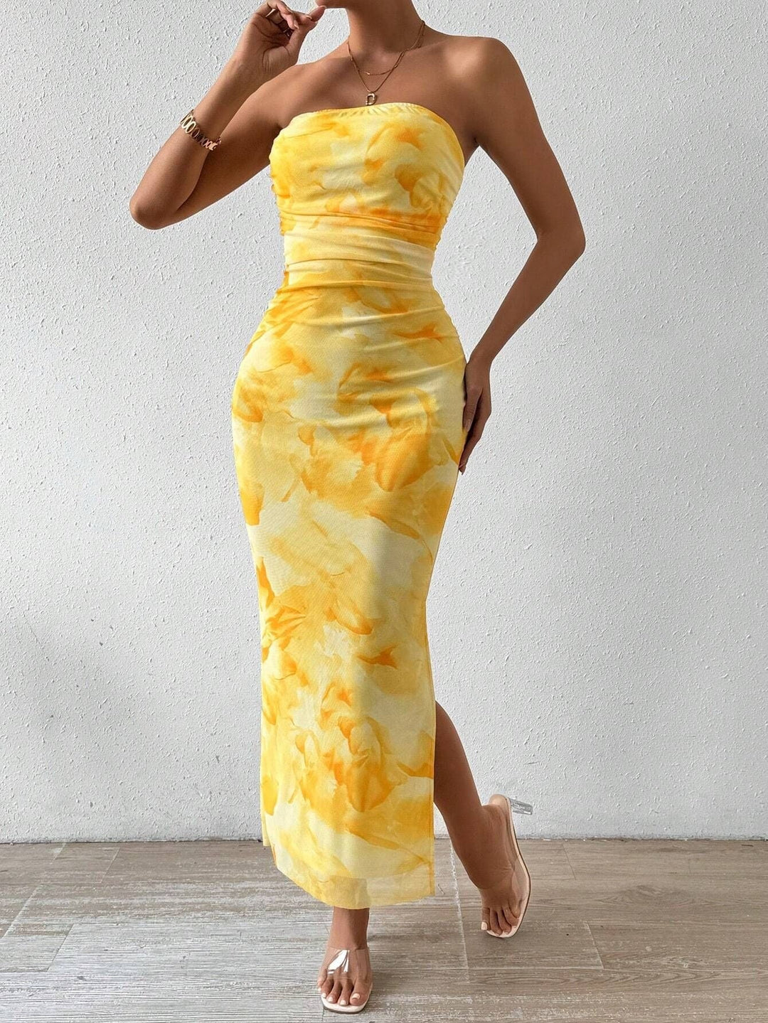 Mesh Bloemen Geplooide Sexy Strakke Gespleten Strapless Tube-jurk