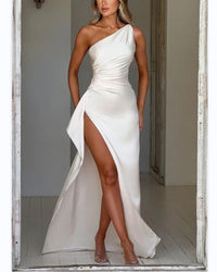 Dames Sexy Satijnen Maxi Avondjurk met Hoge Split en Eén Schouder voor Feest of Bruiloft
