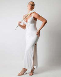 Maxi Jurk met Diepe V-Hals, Kanten Details, Hoge Split en Ingebouwde Corrigerende Shapewear