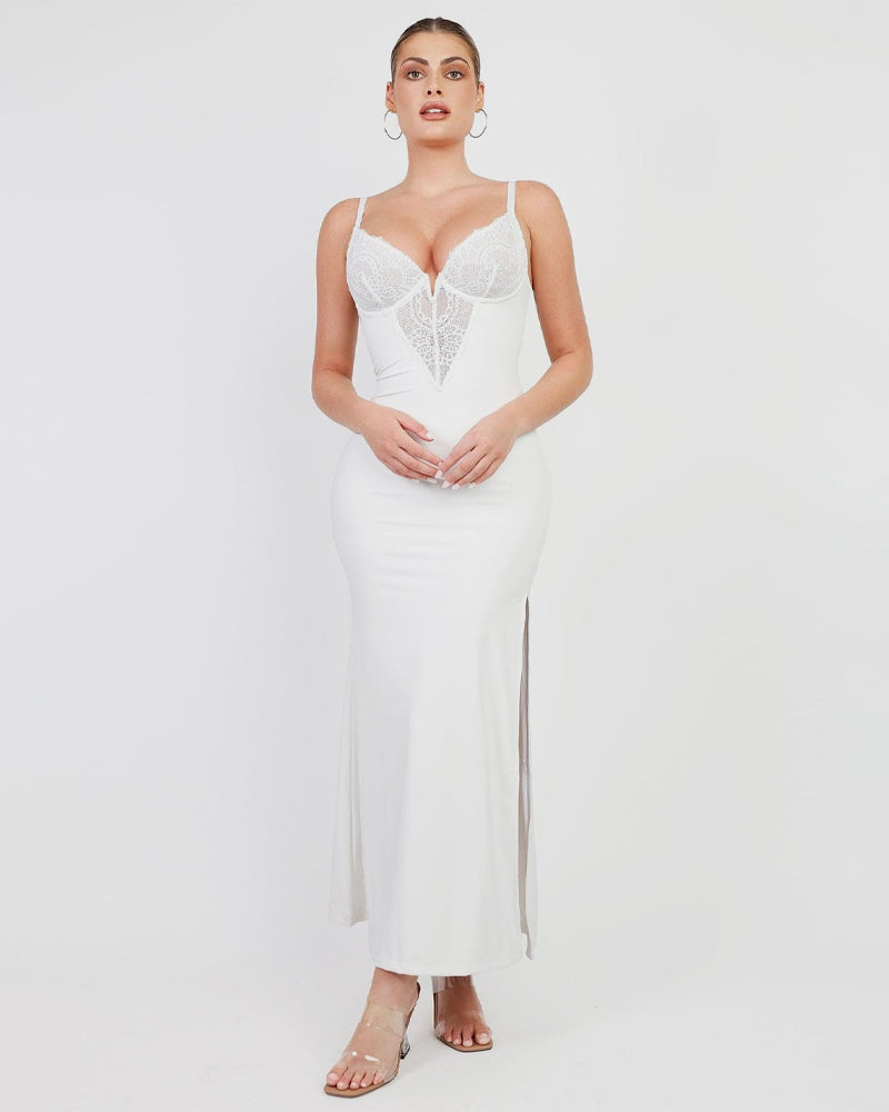 Maxi Jurk met Diepe V-Hals, Kanten Details, Hoge Split en Ingebouwde Corrigerende Shapewear