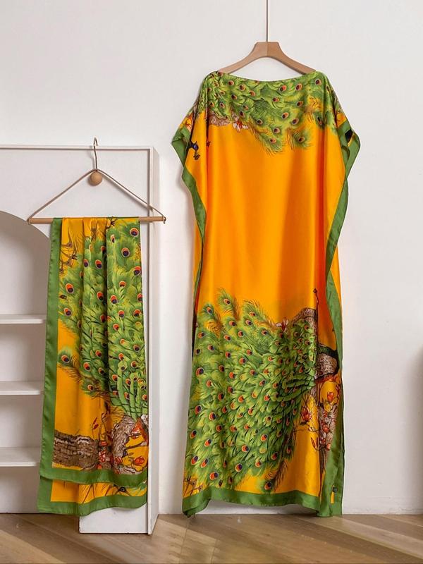 Dames sjaal en omslagdoek set met pauwenprint – elegante strandbedekking