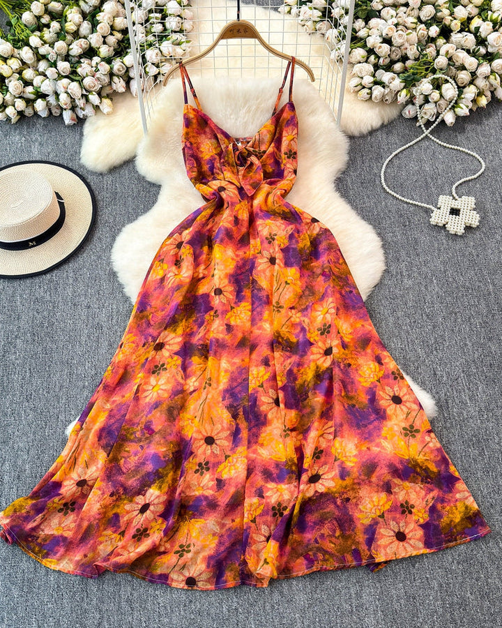 Boho A-lijn jurk met spaghettibandjes en bloemenprint – Zomerse strandvakantie cami-jurk