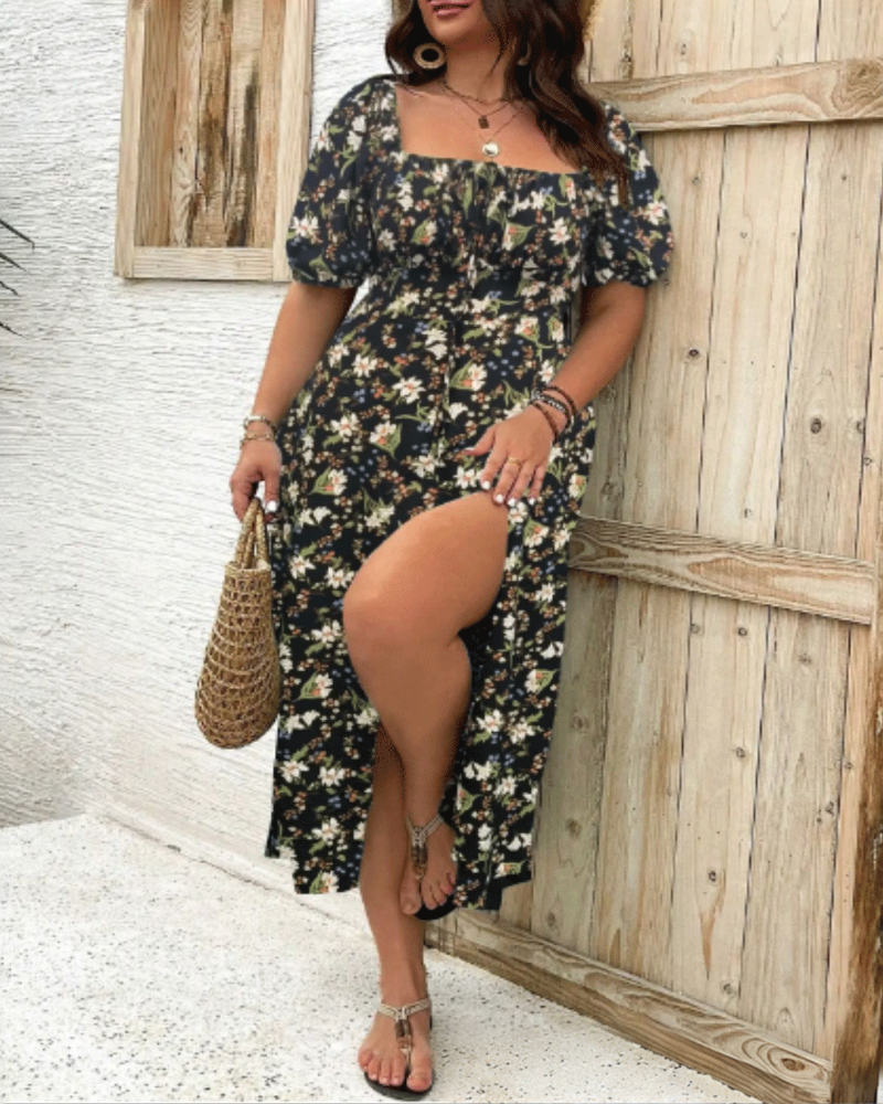 Dames plus size getailleerde jurk met bloemenprint en split