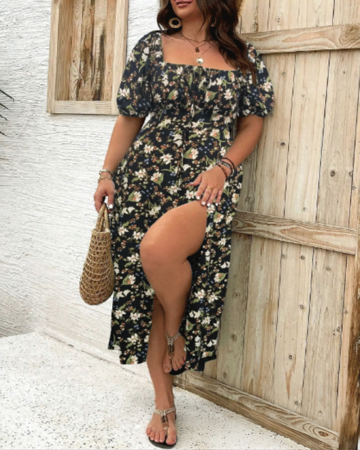 Dames plus size getailleerde jurk met bloemenprint en split