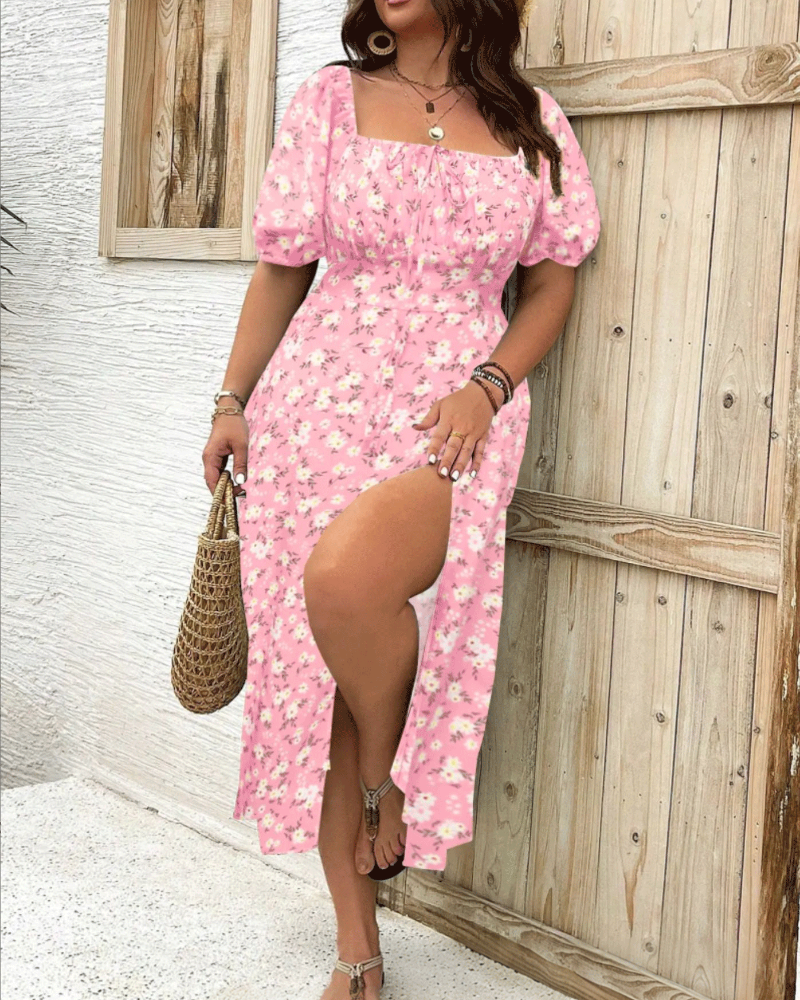 Dames plus size getailleerde jurk met bloemenprint en split