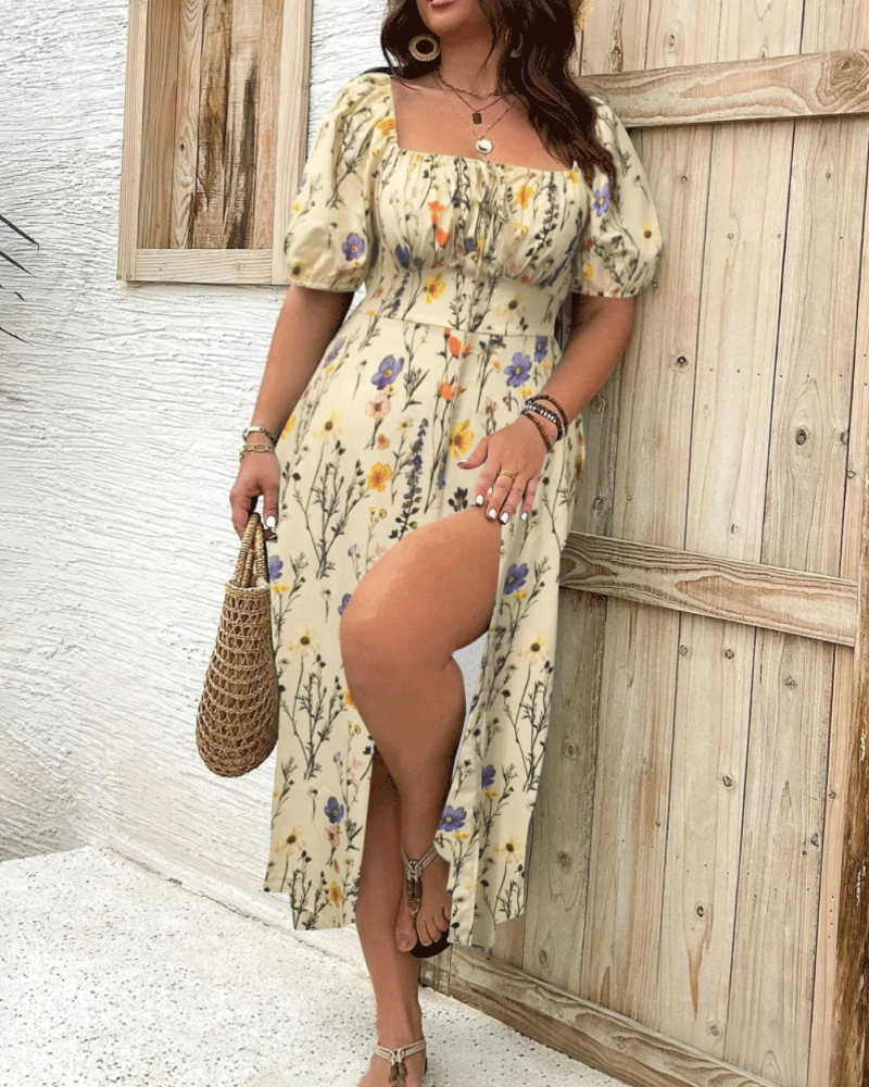 Dames plus size getailleerde jurk met bloemenprint en split