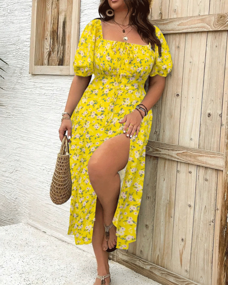 Dames plus size getailleerde jurk met bloemenprint en split