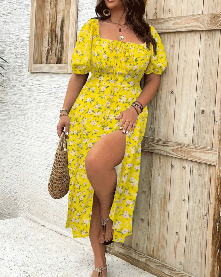 Dames plus size getailleerde jurk met bloemenprint en split