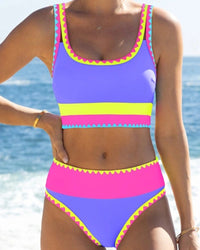 Kleurencontrast Patchwork Nylon Sportieve 3-delige Bikinisets