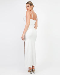 Maxi Jurk met Diepe V-Hals, Kanten Details, Hoge Split en Ingebouwde Corrigerende Shapewear
