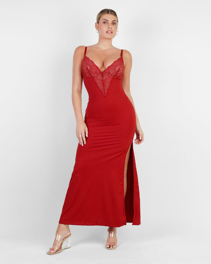 Maxi Jurk met Diepe V-Hals, Kanten Details, Hoge Split en Ingebouwde Corrigerende Shapewear