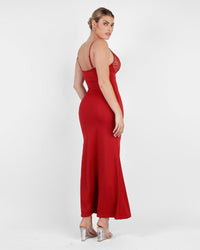 Maxi Jurk met Diepe V-Hals, Kanten Details, Hoge Split en Ingebouwde Corrigerende Shapewear