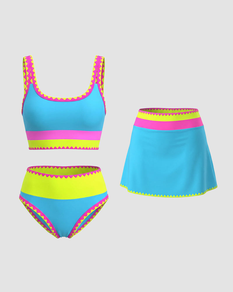 Kleurencontrast Patchwork Nylon Sportieve 3-delige Bikinisets