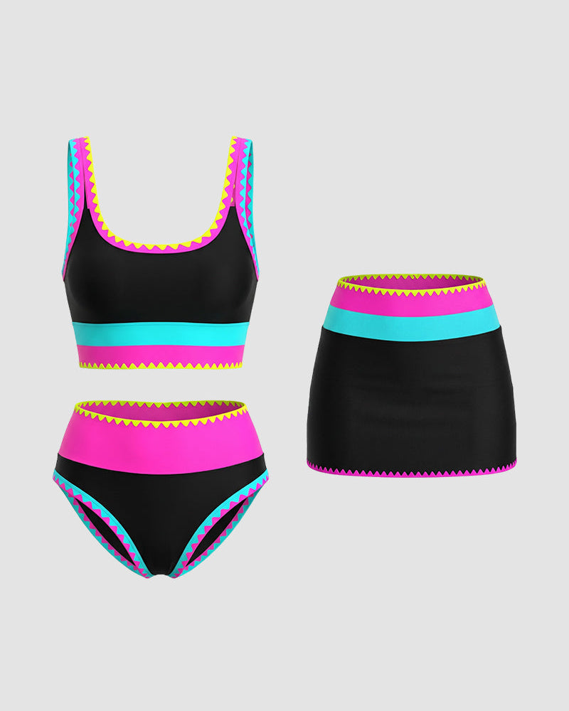 Kleurencontrast Patchwork Nylon Sportieve 3-delige Bikinisets