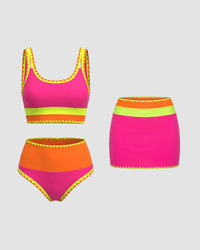 Kleurencontrast Patchwork Nylon Sportieve 3-delige Bikinisets