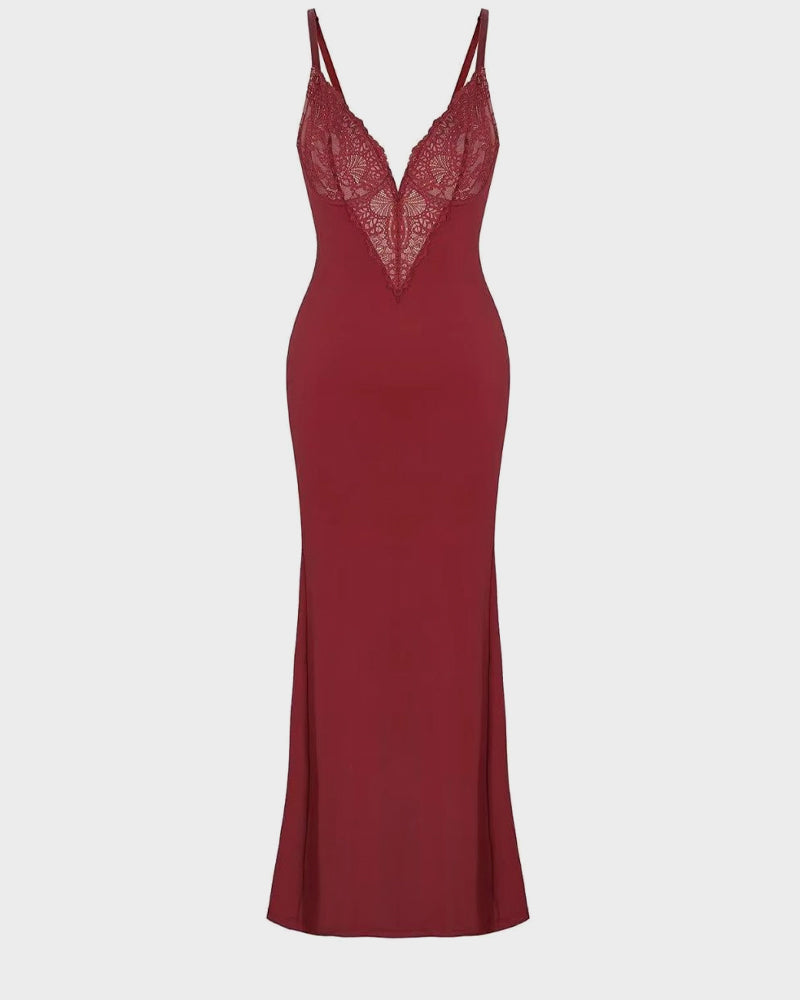 Maxi Jurk met Diepe V-Hals, Kanten Details, Hoge Split en Ingebouwde Corrigerende Shapewear