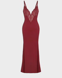 Maxi Jurk met Diepe V-Hals, Kanten Details, Hoge Split en Ingebouwde Corrigerende Shapewear