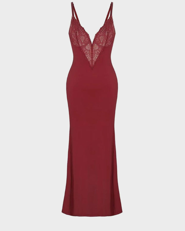 Maxi Jurk met Diepe V-Hals, Kanten Details, Hoge Split en Ingebouwde Corrigerende Shapewear