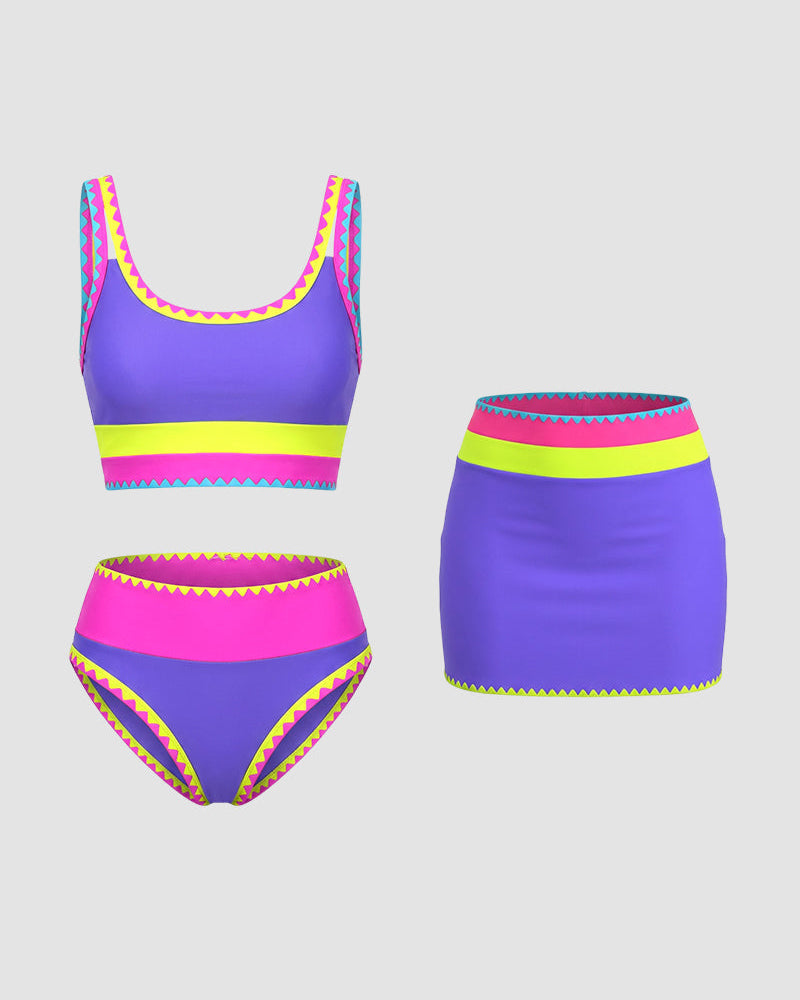 Kleurencontrast Patchwork Nylon Sportieve 3-delige Bikinisets