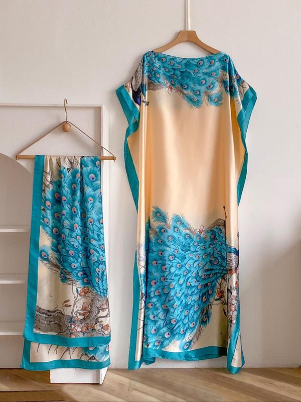 Dames sjaal en omslagdoek set met pauwenprint – elegante strandbedekking