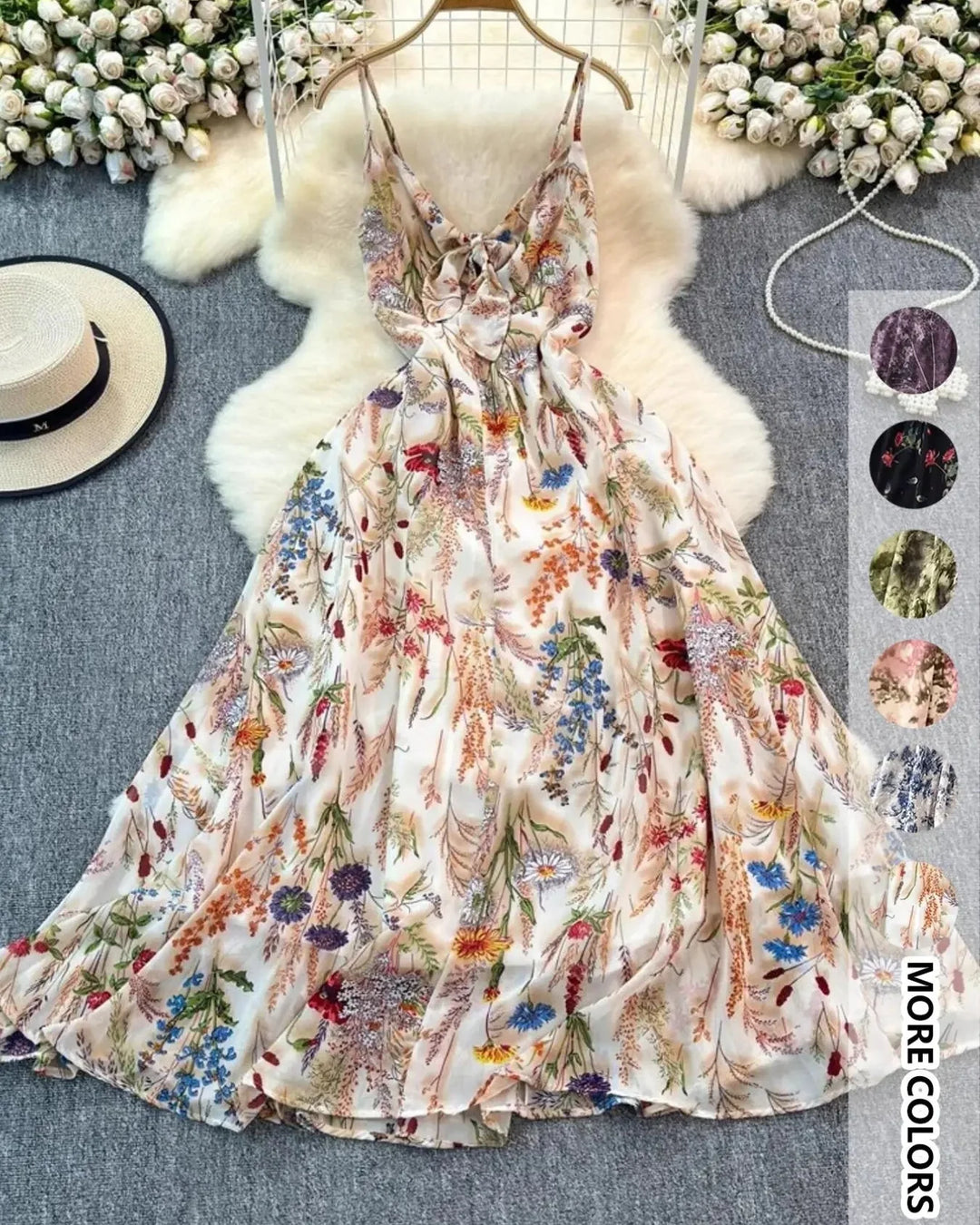 Boho A-lijn jurk met spaghettibandjes en bloemenprint – Zomerse strandvakantie cami-jurk