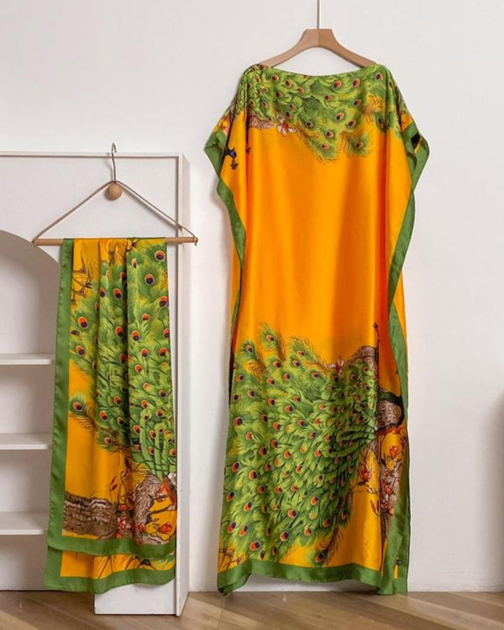 Dames sjaal en omslagdoek set met pauwenprint – elegante strandbedekking