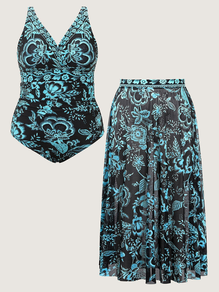 Tweedelig Badpak met Bloemenprint, Gerimpeld Gaas en Sarong