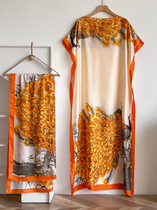Dames sjaal en omslagdoek set met pauwenprint – elegante strandbedekking