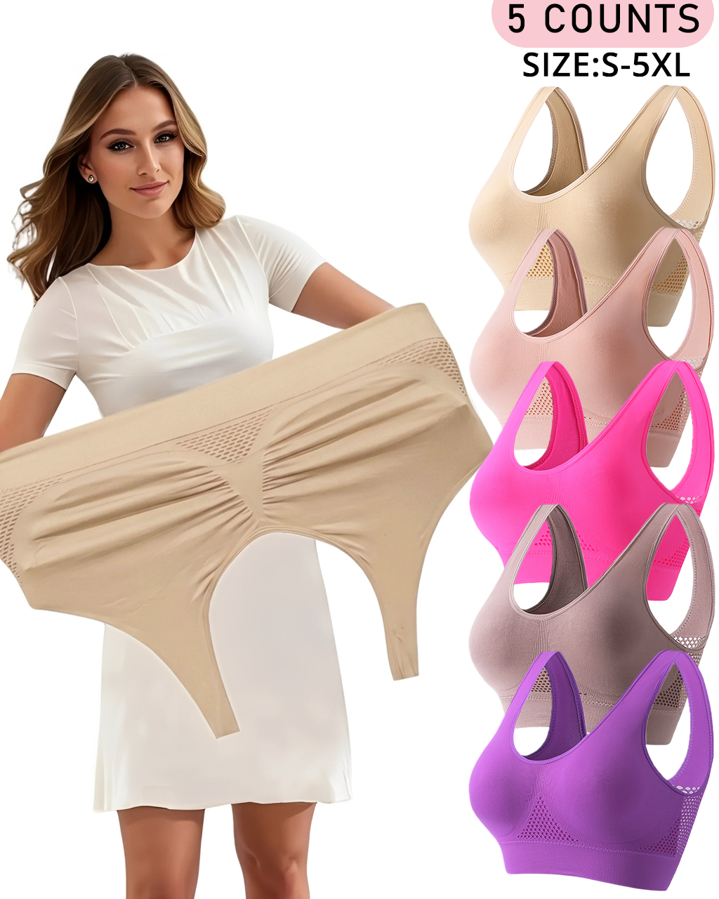 ?Grote Maten tot 5XL ?Ademende Draadloze Holle Bh voor Volle Figuren (5 Stuks)