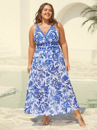 Tweedelig Badpak met Bloemenprint, Gerimpeld Gaas en Sarong