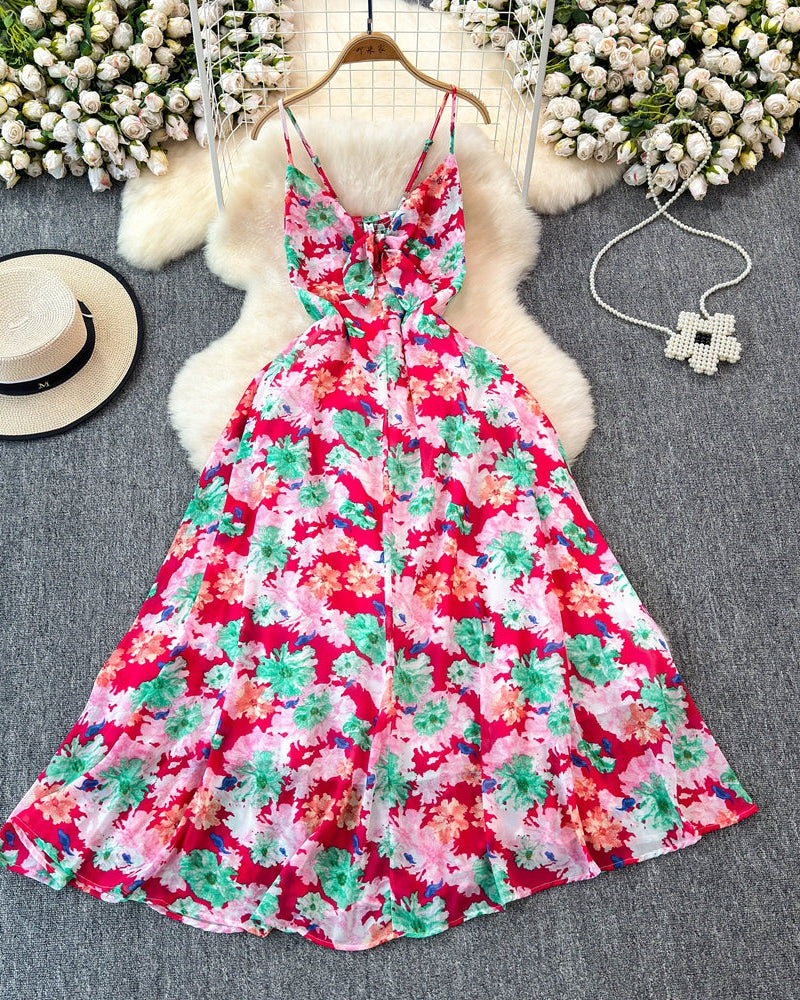 Boho A-lijn jurk met spaghettibandjes en bloemenprint – Zomerse strandvakantie cami-jurk