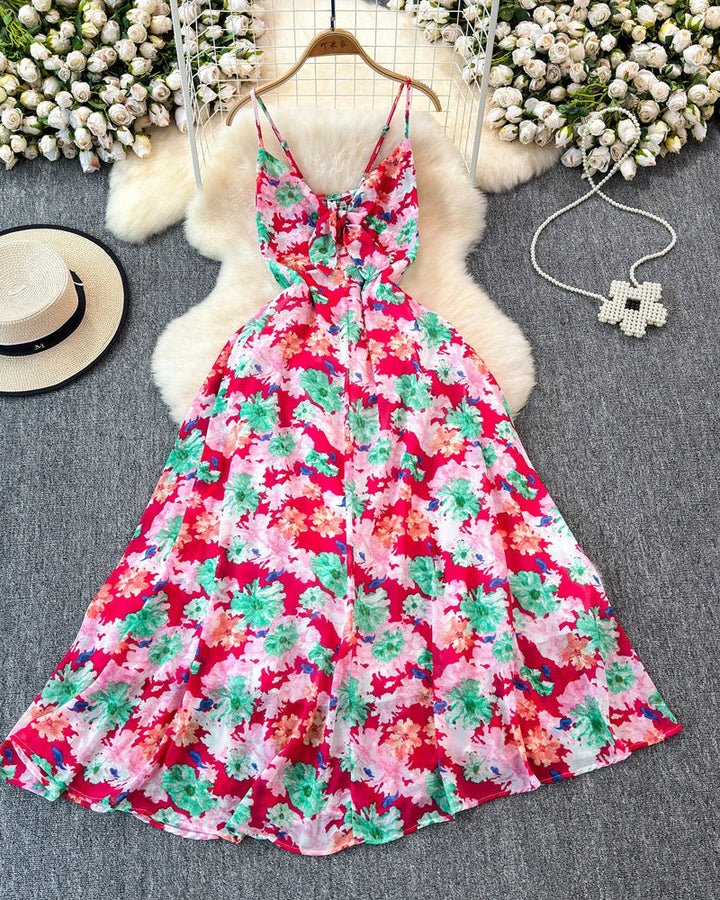 Boho A-lijn jurk met spaghettibandjes en bloemenprint – Zomerse strandvakantie cami-jurk